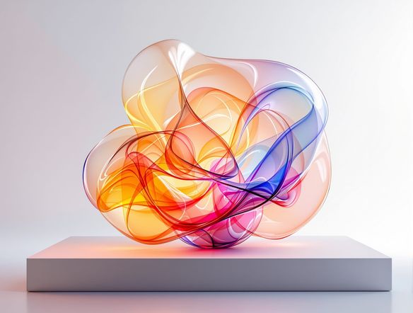 An ethereal glass sculpture, abstract form with swirling colors, resembling blown glass, displayed on a minimalist pedestal, soft studio lighting, high detail.