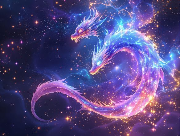 A vibrant, looping GIF animation of a cosmic nebula transforming into a stylized dragon, with glowing particles and a sense of magical motion.