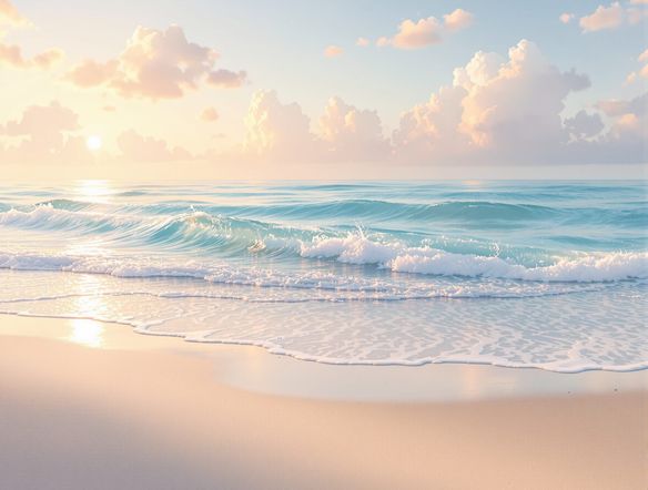 A serene beach scene with gentle waves perpetually rolling onto the shore, a looping animation generator, AI GIF maker, soft pastel colors, tranquil atmosphere, high quality.