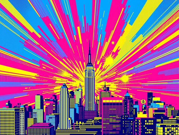 A dynamic Warhol-esque portrait of a cityscape, rasterized into a vibrant pop art halftone, featuring bold colors and a distinct screen print dot pattern, graphic design, energetic.