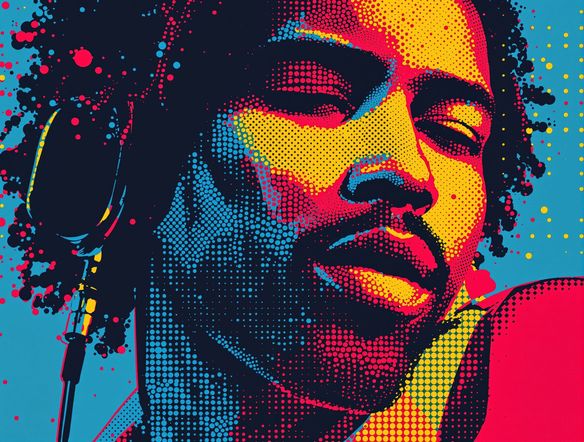 A vibrant portrait of a musician rendered in a bold screen print dot pattern, showcasing rich colors and a distinct retro, digital halftone art style, clean lines, high contrast.