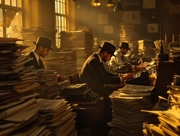 A bustling newsroom from the 1950s, filled with reporters, typewriters, and vintage newspaper stacks, illuminated by warm, nostalgic lighting.