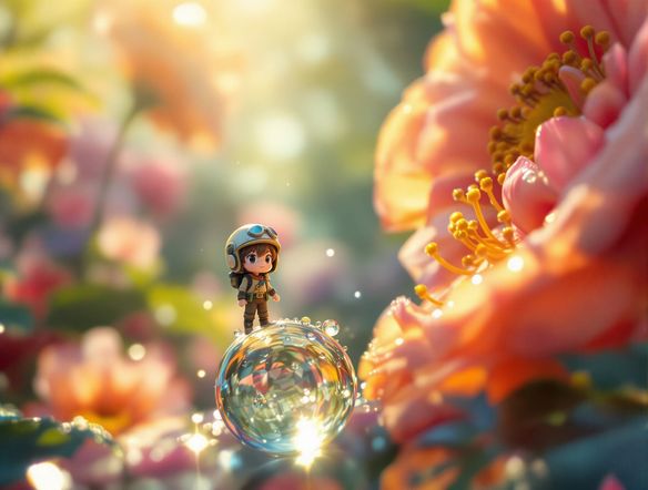 A charming miniature scene featuring a tiny chibi adventurer exploring a giant, dew-kissed flower garden, detailed anime style, macro photography.