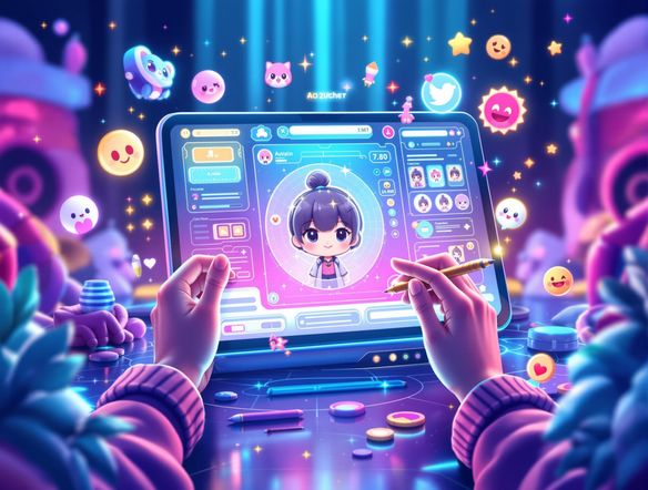 A vibrant digital illustration of a user designing a chibi avatar on a futuristic tablet interface, surrounded by cute character elements, AI art style.