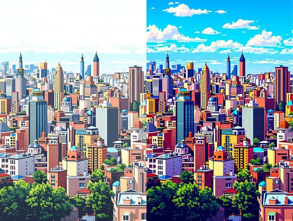 A side-by-side comparison of a photograph of a detailed cityscape, one side pixelated and the other transformed into a clean, sharp vector illustration with distinct color blocks. AI vectorization concept.