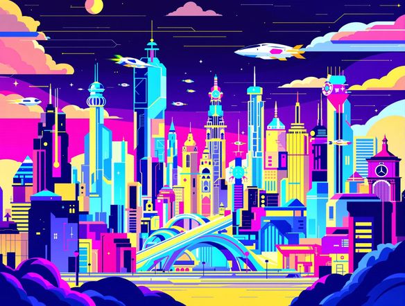 A vibrant, clean vector illustration of a futuristic cityscape with stylized geometric buildings and flying vehicles, rendered in a flat design style with a bright color palette.
