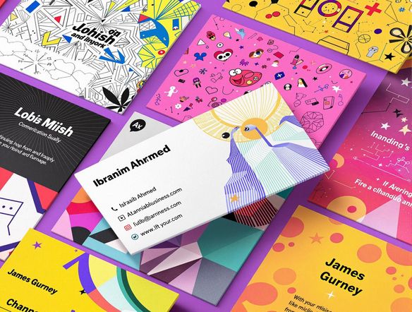 A dynamic collage featuring various artistic styles, textures, and colors. Highlight the accessibility of the business card generator free aspect. Show the ease of creating professional-looking visuals without any cost. Use bright, inviting colors.