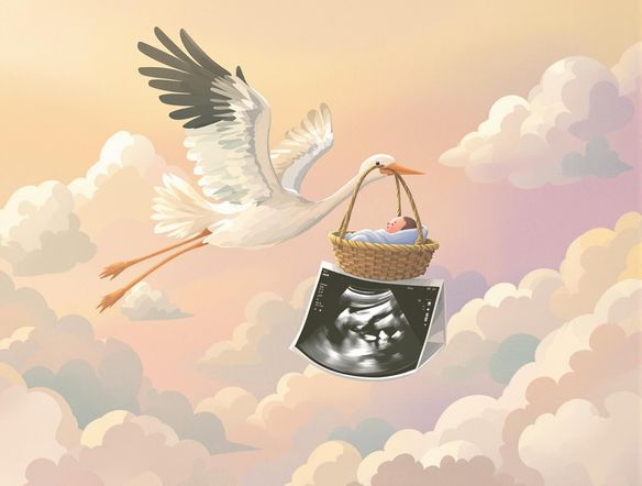 A heartwarming baby announcement featuring a soft, pastel-colored illustration of a stork carrying a baby, seamlessly merging with a real ultrasound image. Gentle, loving, tender.