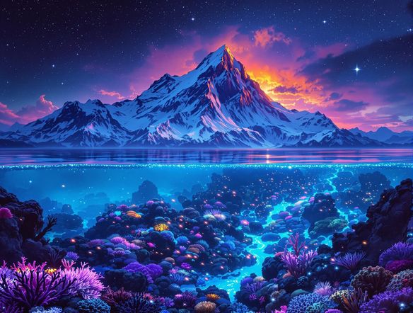 A surreal landscape featuring a majestic mountain range seamlessly merging into a vibrant coral reef, illuminated by bioluminescent plankton. Dreamlike, ethereal, high detail.