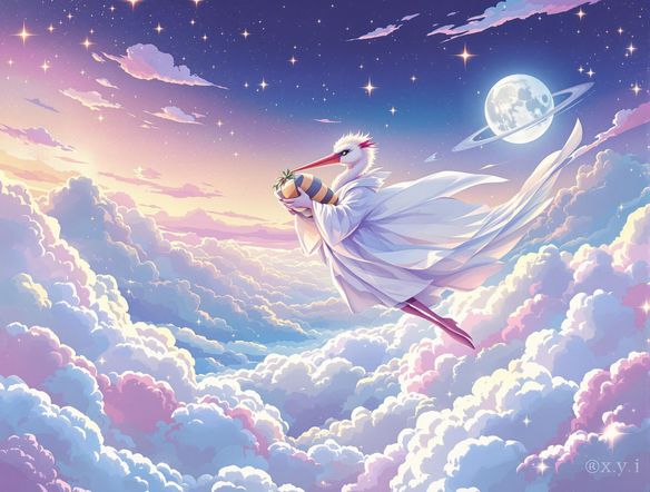 A whimsical stork carrying a bundle of joy, flying over a dreamy pastel landscape with fluffy clouds and sparkling stars, digital art.