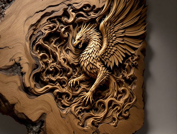 Intricate wooden sculpture of a mythical creature emerging from a swirling grain pattern, studio lighting highlighting texture and depth.