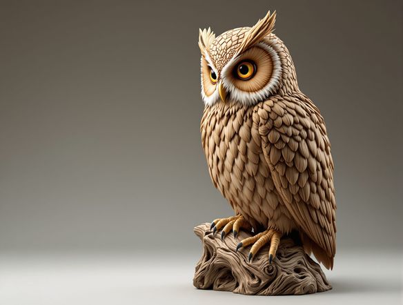 A hyperrealistic AI-generated wood carving of an ancient owl, perched on a gnarled branch. The texture of the basswood is palpable, showcasing fine grain and chisel marks. Studio lighting highlights the intricate details. Realistic wood carving art.