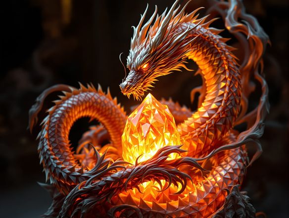 A vibrant digital woodcarving design of a mythical dragon coiled around a crystal. The AI generates a complex, fantasy-inspired sculpture with smooth, flowing lines and sharp, detailed scales, mimicking intricate digital woodcarving. Wood carving simulator aesthetic.