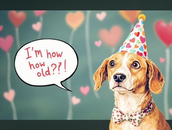 A dog wearing a party hat, looking surprised, with a speech bubble saying, "I'm how old?!" in a playful font. In the background, a subtle valentine generator icon is visible.
