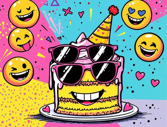 A cartoon birthday cake wearing sunglasses, surrounded by laughing emojis, in a vibrant pop art style. The cake is holding a tiny valentine card generator.