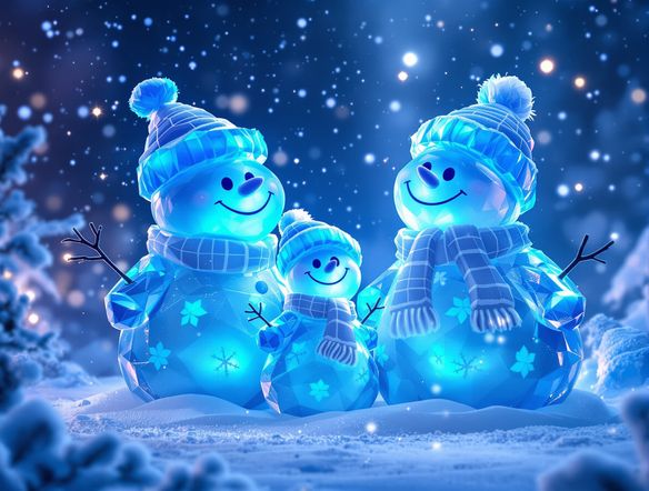 A whimsical custom ice sculpture image of a smiling snowman family, surrounded by gently falling snow, soft ambient light, vibrant blue and white tones, AI winter sculpture.