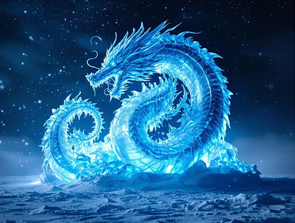 A majestic ice sculpture of a dragon, intricately detailed, with a subtle blue glow, set against a backdrop of swirling snow and frost.