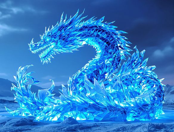 A hyperrealistic digital ice carving of a majestic dragon, intricate details, sharp edges, glowing blue ice, arctic background, high-resolution ice design.