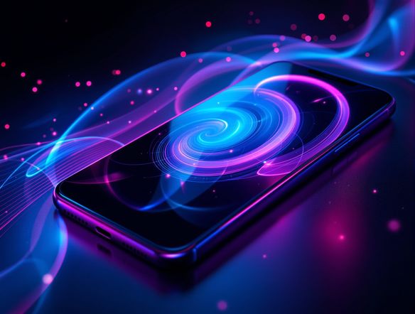 A sleek, modern mobile app interface displayed on a smartphone, with abstract, glowing AI-generated design elements flowing around it, suggesting innovation and creativity.