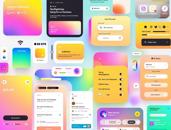 A vibrant collage showcasing diverse mobile UI elements: buttons, cards, navigation bars, and icons, generated with AI. Clean, modern aesthetic, bright color palette.