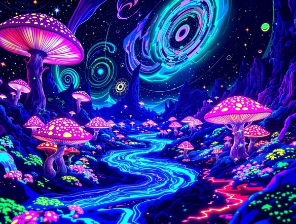 A surreal psychedelic UV art landscape, swirling neon light illustration, glowing mushrooms and cosmic patterns, blacklight effect, otherworldly atmosphere.