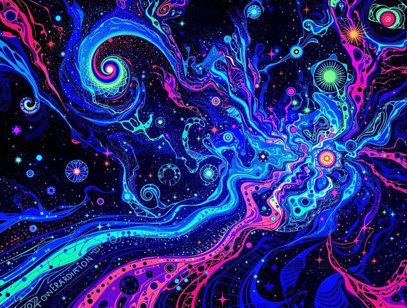 A vibrant, neon-glowing abstract illustration in the style of UV reactive paint, pulsating with electric blues, greens, and pinks against a dark background.