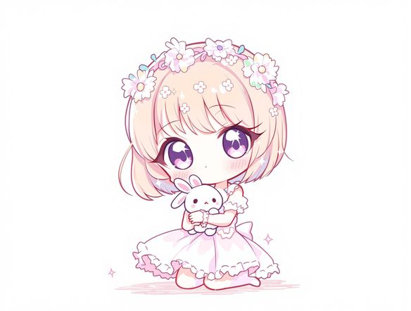 A super cute chibi character with big sparkling eyes, wearing a pastel pink dress, in a Japanese art style, holding a tiny fluffy bunny, soft lighting, white background.