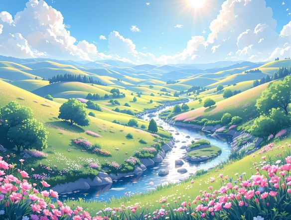 A vibrant anime art landscape with rolling pastel hills, a sparkling river, and cute whimsical creatures, in an adorable anime style, bathed in warm, soft sunlight.