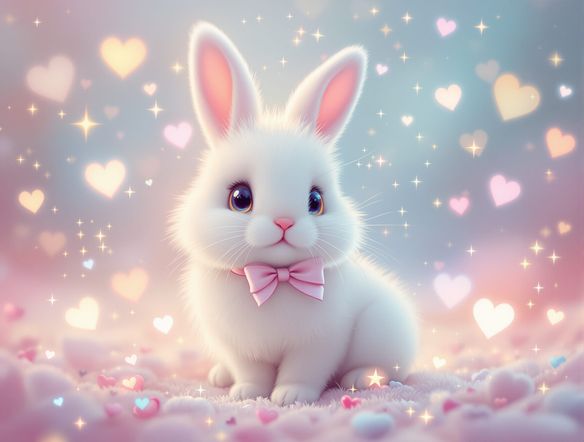 A fluffy white bunny wearing a pink bow, surrounded by sparkling pastel hearts and stars, with soft, dreamy lighting.