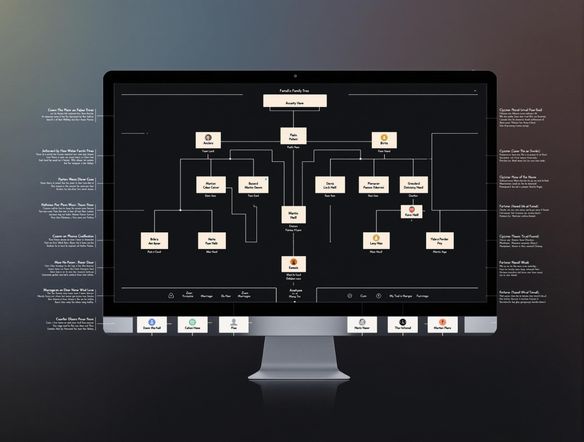 A digital genogram with interactive elements, highlighting key ancestors and their stories. The design should be clean and modern, with options to zoom in and explore individual family members. Include icons for births, deaths, and marriages.