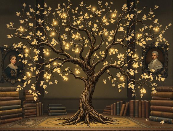 A digital sketch of a family tree, glowing softly against a backdrop of antique books and ancestral portraits, rendered in a warm, inviting style.