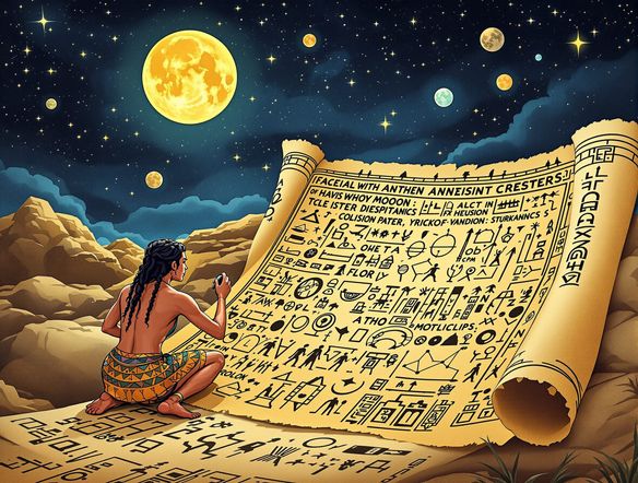 An illustration in the style of a Mayan codex, depicting a scene of celestial observation with glyphs and astronomical symbols, generated by ancient Mayan manuscript AI.