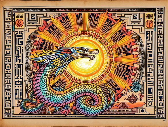 A vibrant Mayan codex illustration generated from text, showing a feathered serpent deity emerging from a stylized sun, incorporating Mayan script elements.