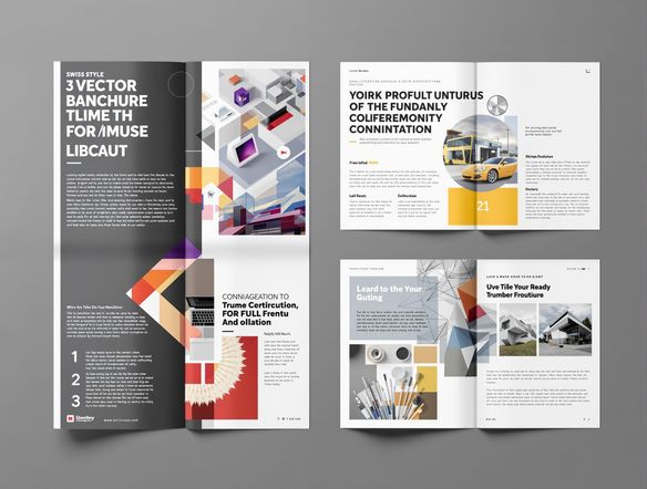 A modern Swiss Style brochure layout, showcasing clean typography AI and bold sans-serif fonts in a Helvetica style graphics arrangement, with ample white space and a striking color palette.