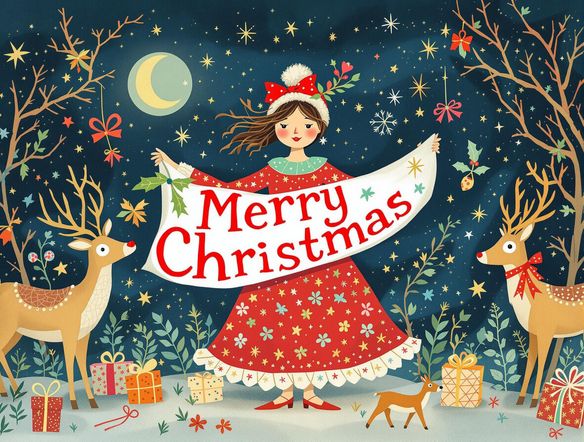 A festive banner design featuring the words 'Merry Christmas' in a bold, playful Santa font. Include reindeer, presents, and a starry night sky in the background to evoke a sense of wonder.