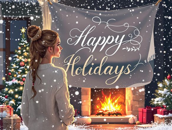 A festive Christmas scene with a calligraphy banner that says 'Happy Holidays' in a swirling, elegant font, snow falling gently in the background, warm fireplace glow.
