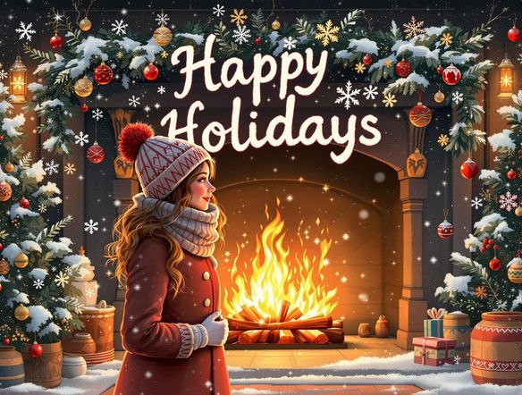 A cheerful Christmas card design featuring the phrase 'Happy Holidays' in a whimsical, snow-covered font. Include festive elements like snowflakes, ornaments, and a cozy fireplace in the background.