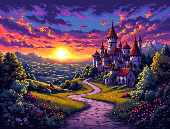A charming pixel art landscape of a fantasy village at sunset, medieval buildings, pixelated trees, a winding path, 8-bit art creator, digital pixel illustration.