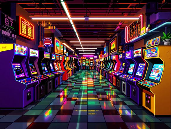 A vibrant pixel art scene of a bustling retro arcade, neon lights, classic game cabinets, 8-bit style, vintage pixel aesthetic, detailed sprites.
