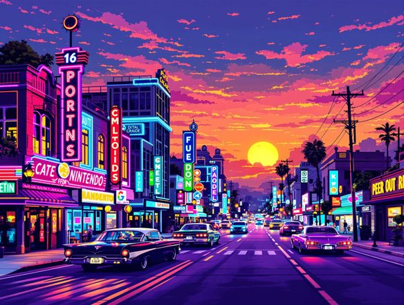 A vibrant 16-bit pixel art scene depicting a bustling retro cityscape at sunset, with neon signs and classic cars.