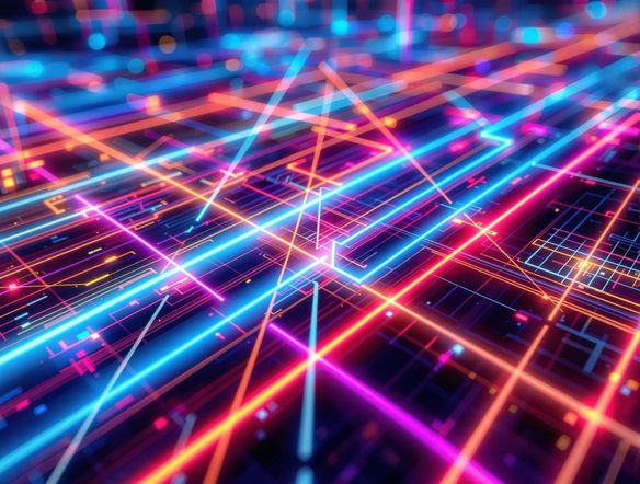 Abstract grid of glowing neon lines with dynamic intersections, vibrant and futuristic, high resolution.