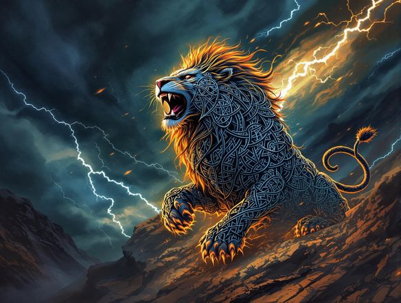 A powerful emblem grid featuring a roaring lion intertwined with Celtic knots, set against a dark, stormy background. Perfect as a clan symbol generator. Gamer logo generator, striking design.