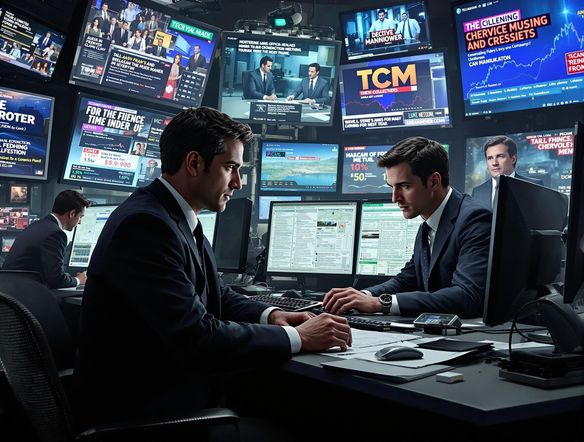 Newsroom filled with screens displaying dynamic headlines, reporters typing furiously, in a hyperrealistic style.