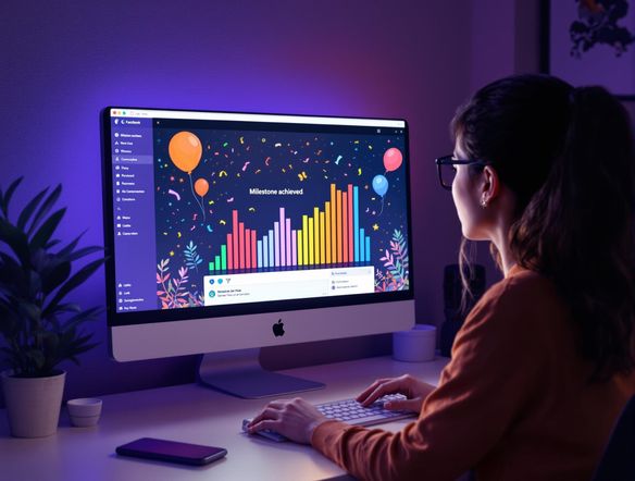 A simulated Facebook post displaying a progress bar created with a free bar graph generator. The progress bar visually represents a project's completion status. The post includes a compelling caption about reaching milestones and a celebratory background image.