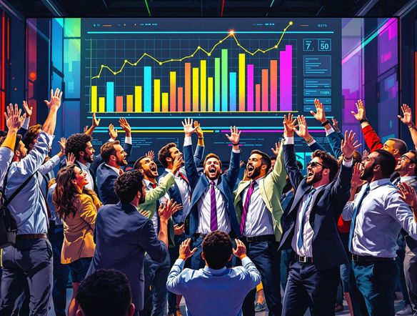 A vibrant Facebook post featuring a colorful bar graph and progress bar, showcasing a successful marketing campaign, with a diverse group of people celebrating.