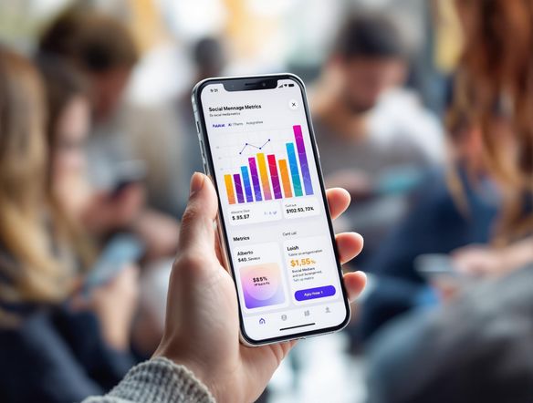 A vibrant and eye-catching Facebook post featuring an AI-generated bar graph. The graph showcases social media engagement metrics with clear labels and a modern design. The background is a blurred image of people interacting with their phones.