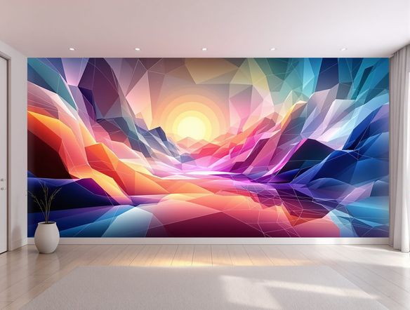 A stunning, expansive digital mural for a modern living room, featuring a serene landscape with abstract geometric elements, vibrant colors, smooth gradients, high resolution, digital wall painting.