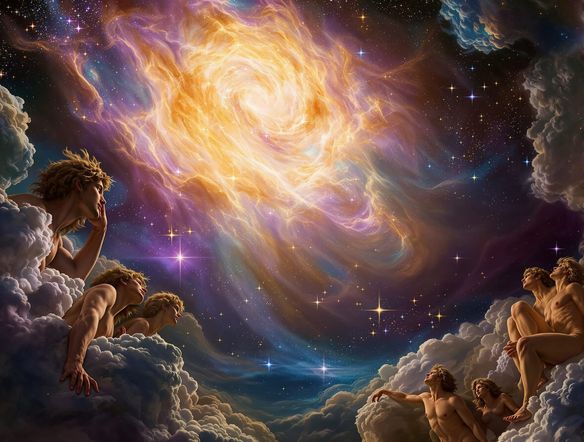 A vibrant digital fresco painting in the style of Michelangelo, depicting a celestial scene with nebulae and stars, classical figures looking upwards in awe, high detail, rich colors.