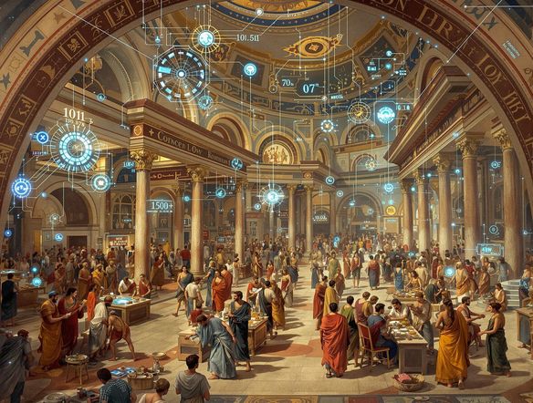 An ancient Roman fresco depicting a vibrant marketplace scene, with modern AI elements subtly integrated into the artwork, showcasing a blend of history and technology.