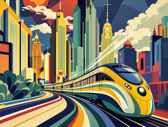 A vibrant Art Deco poster showcasing a stylized cityscape with towering skyscrapers and a streamlined train. Incorporate bold lines, rich colors, and a sense of motion. Art Deco poster generator, Art Deco pattern maker.